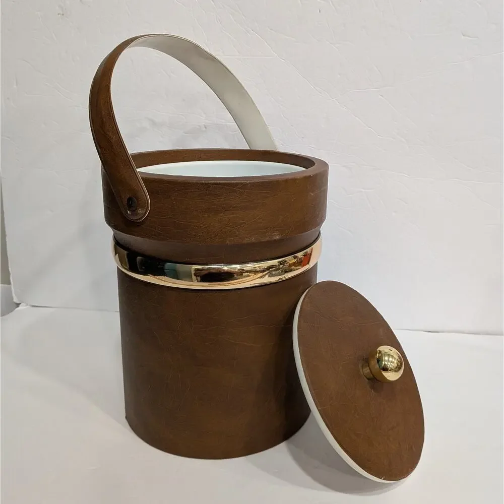 Vintage MCM Brown Faux Leather Ice Bucket Gold Brass Trim Handle Retro Barware